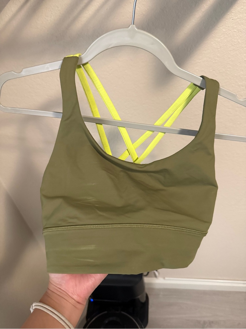 Lululemon Energy Bra Longline Olive Green Neon Yellow Straps Size 6